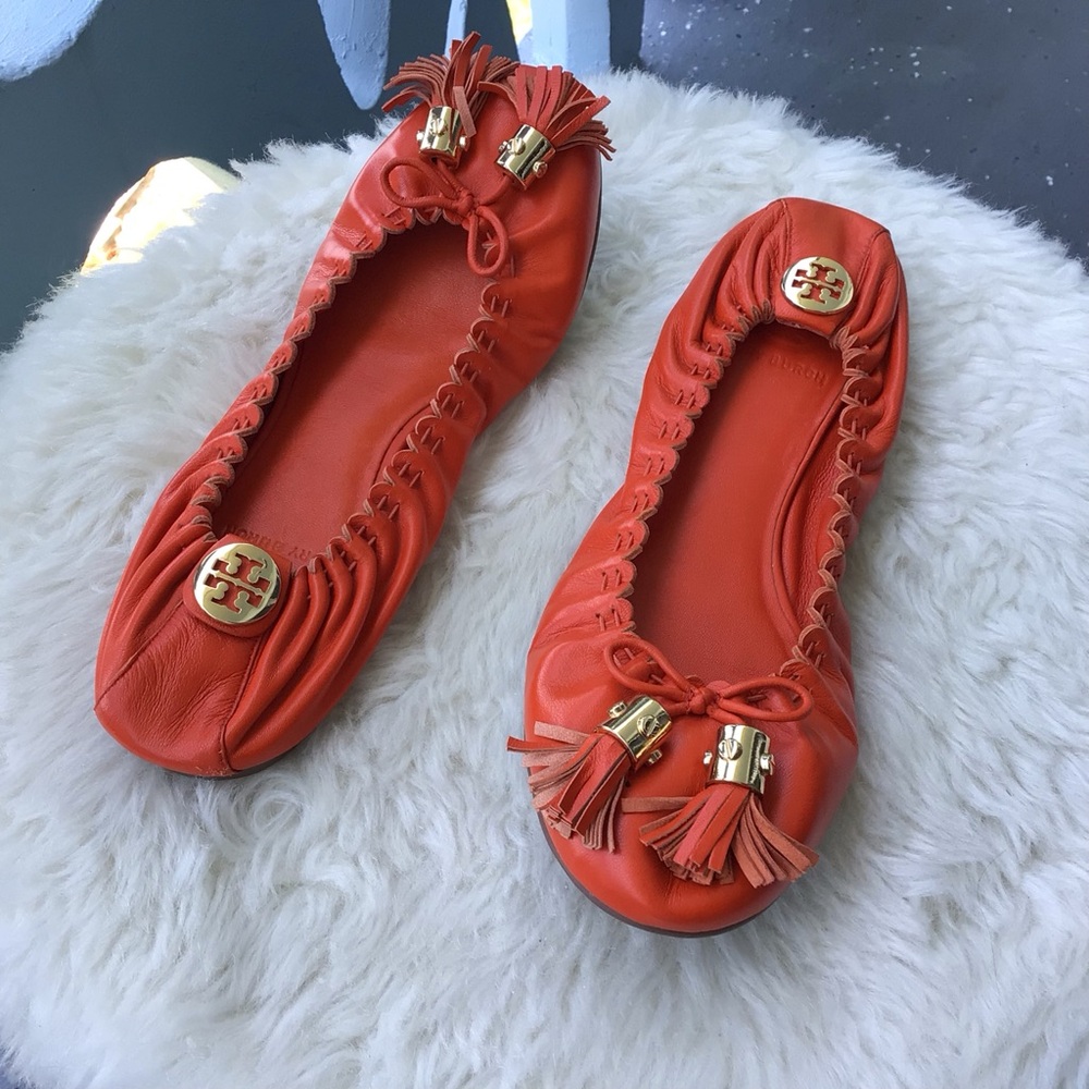 Tory Burch Brazen Burnt Orange Reese Mestico Leather Tasseled Ballet Flats - Picture 3 of 11